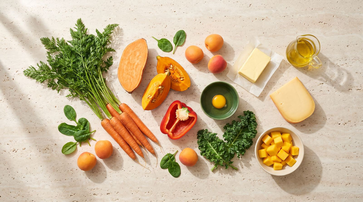 Vitamin-A-reiche Lebensmittel auf hellem Stein: Karotten, Süßkartoffel, Kürbis, Paprika, Spinat, Grünkohl, Aprikosen, Mango, Eigelb, Butter, Gouda und Rapsöl