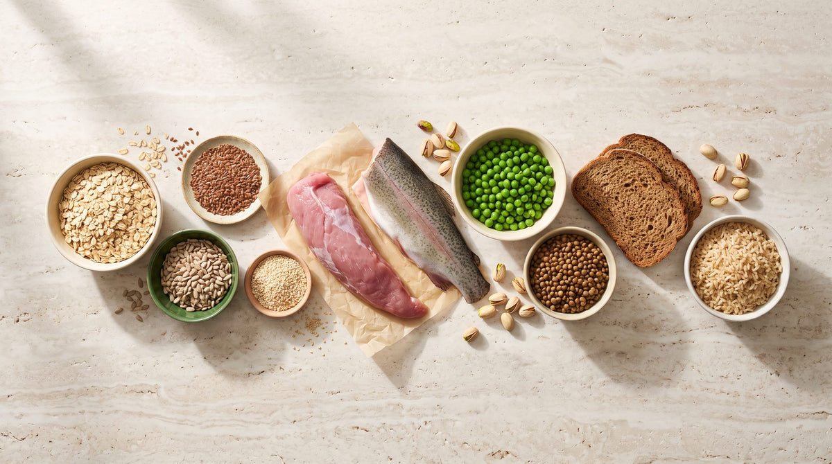 Vitamin-B1-Quellen im Überblick: Sonnenblumenkerne, Haferflocken, Vollkornbrot, Erbsen und Linsen aus der Pflanzenwelt, Schweinefilet und Forelle als tierische Lieferanten