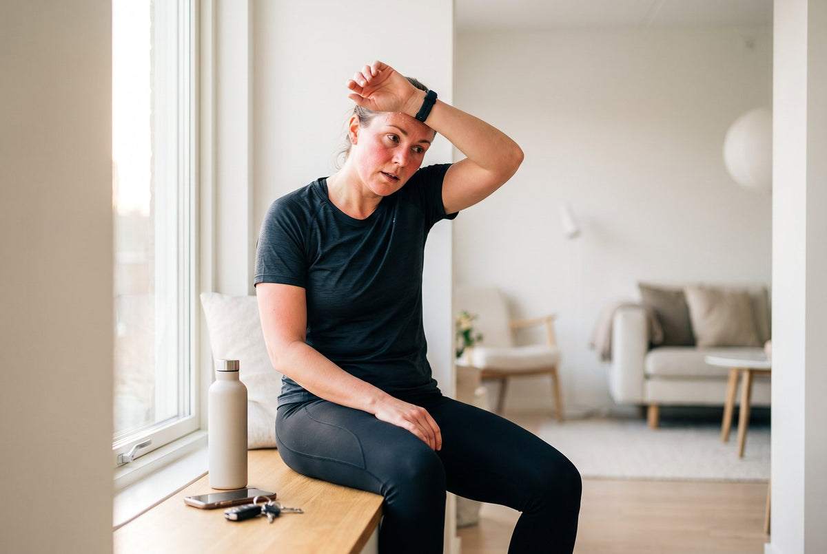 Frau wischt sich nach dem Laufen Schweiß von der Stirn: Starkes Schwitzen ist kein typisches Zeichen eines Vitamin-B1-Mangels