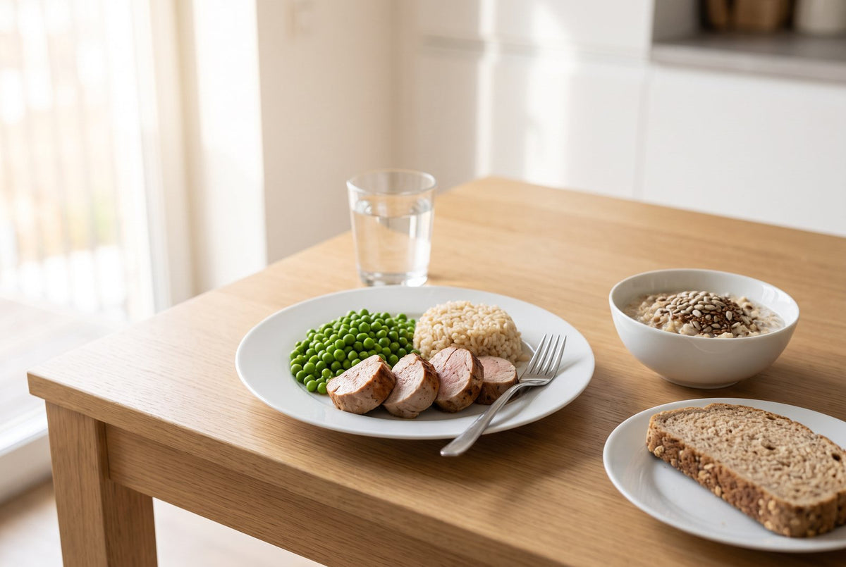 Teller mit Schweinefilet, Erbsen und Naturreis neben Haferflocken mit Sonnenblumenkernen: So sieht ein Tag mit reichlich Vitamin B1 aus