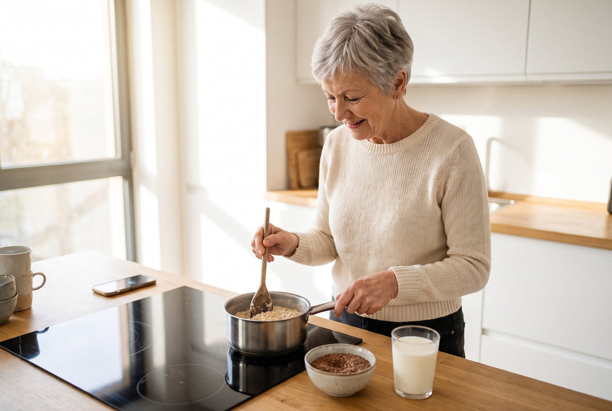 Ältere Frau kocht Haferbrei in einer modernen Küche: Im Alter erreichen 40 % der Frauen die empfohlene Vitamin-B1-Zufuhr nicht