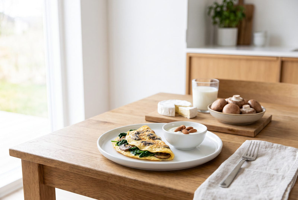 Champignon-Omelett mit Spinat, Joghurt mit Mandeln, Camembert und ein Glas Milch: So sieht ein Tag mit reichlich Vitamin B2 aus