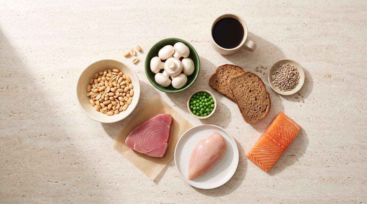 Vitamin-B3-Quellen auf hellem Stein: Erdnüsse, Champignons, Sonnenblumenkerne, Vollkornbrot, Erbsen, Thunfisch, Hähnchenbrust, Lachs und eine Tasse Kaffee