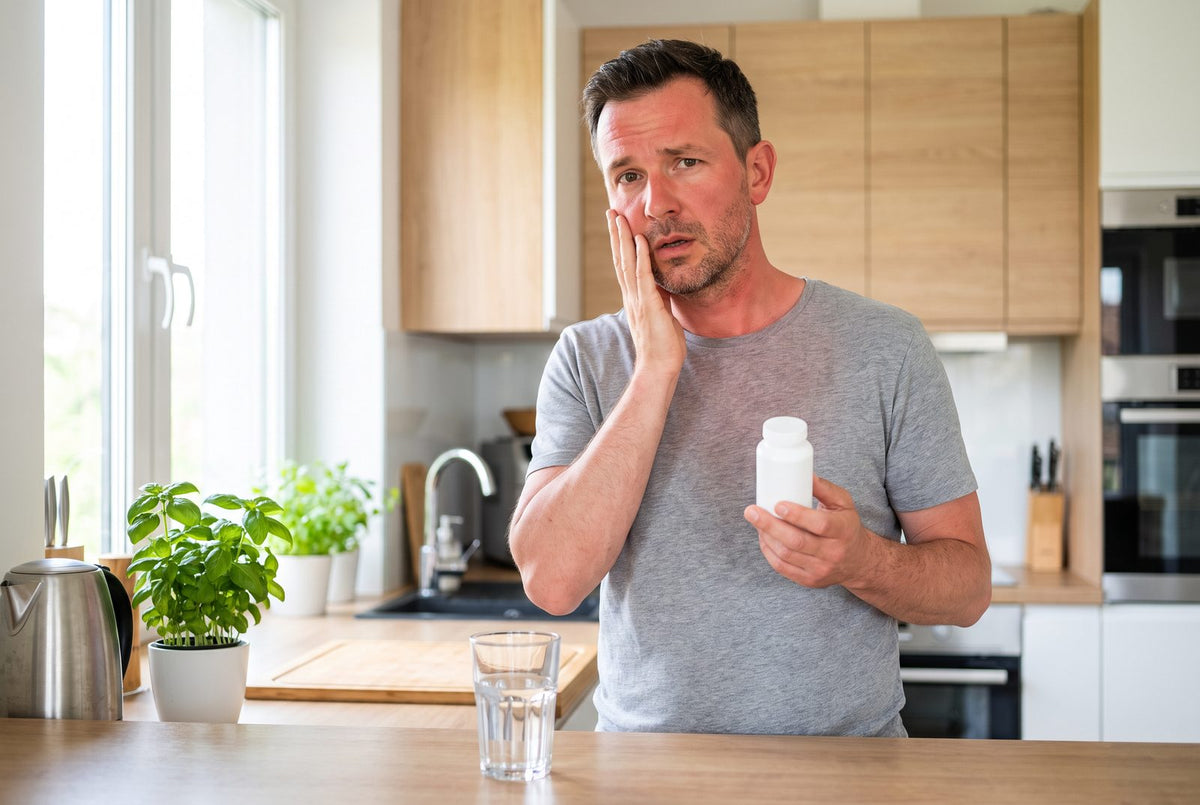 Mann mit gerötetem Gesicht hält ein Tablettendöschen: Der Niacin-Flush tritt ab etwa 30 bis 50 mg Nicotinsäure auf