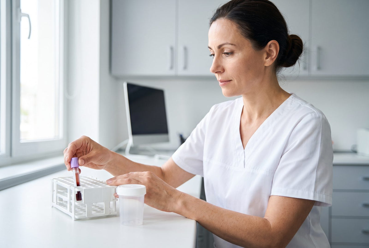 Blutröhrchen und Urinprobe in einer Arztpraxis: Für Vitamin B5 gibt es keinen validierten Test, am ehesten zählt die Ausscheidung im Urin