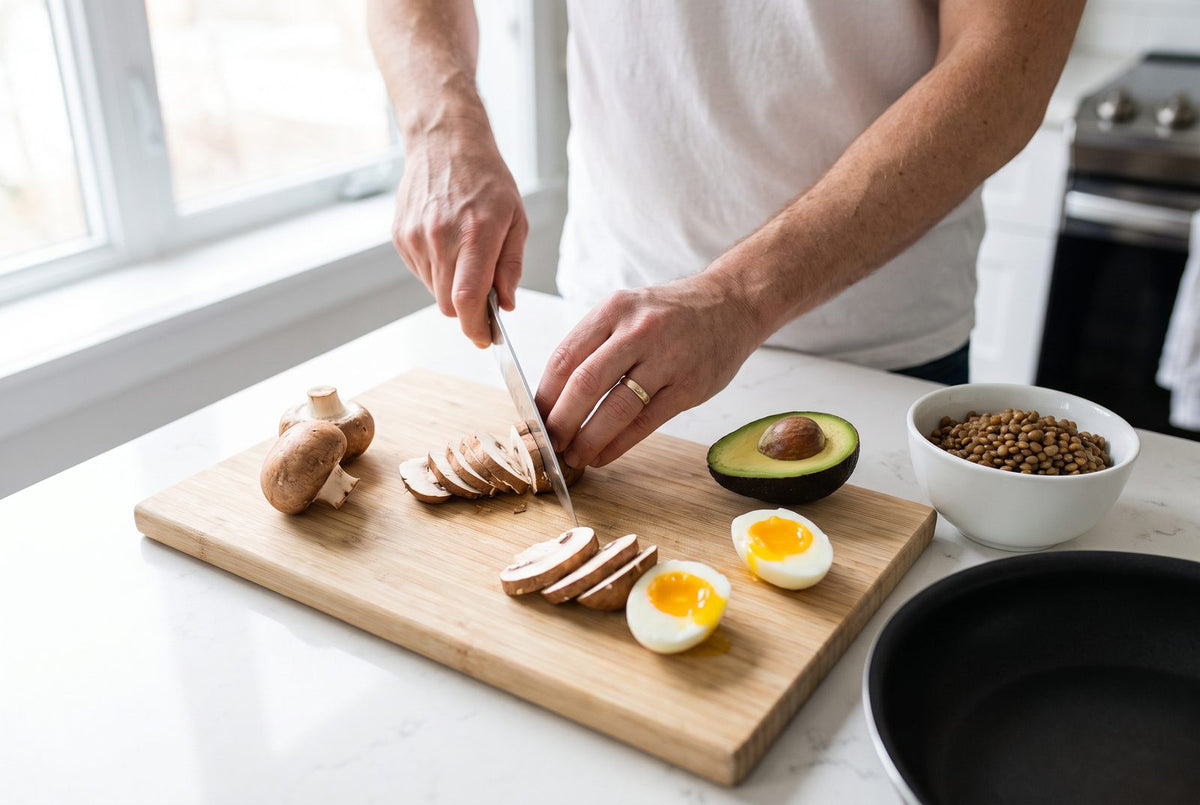 Champignons werden in einer hellen Küche geschnitten, daneben Avocado, Eier und Linsen: Pilze sind die ergiebigste pflanzliche Quelle für Vitamin B5