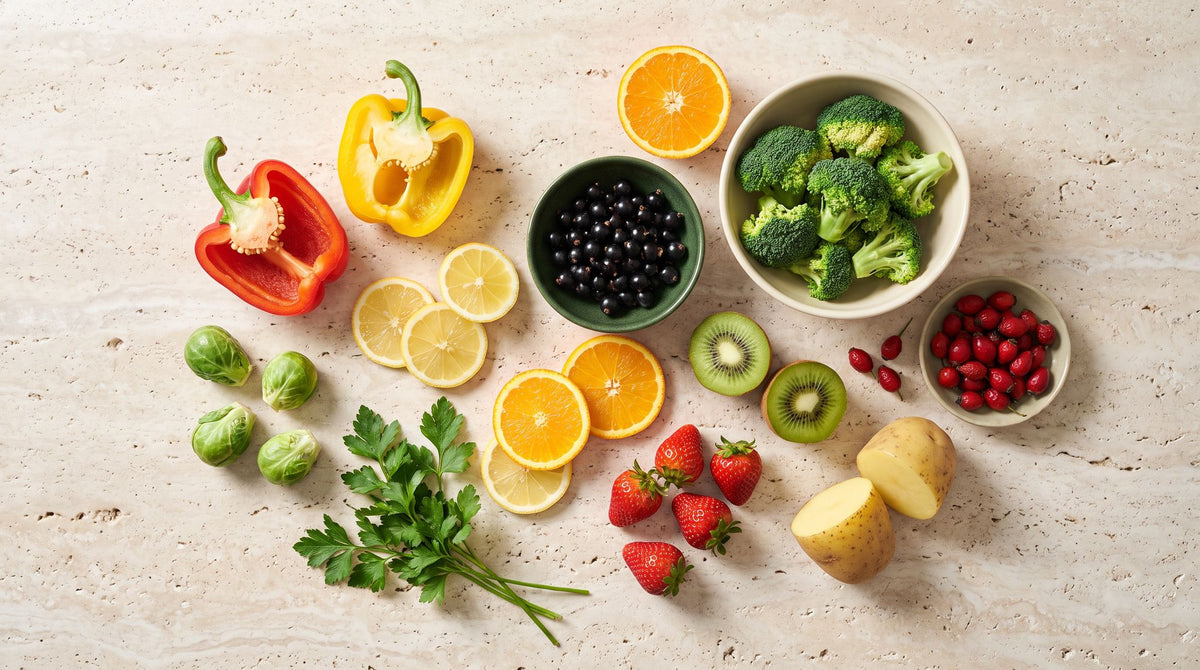 Vitamin-C-reiche Lebensmittel auf hellem Travertin: rote und gelbe Paprika, Brokkoli, Kiwi, Orange, Zitrone, schwarze Johannisbeeren, Erdbeeren, Rosenkohl, Petersilie, Hagebutten und Kartoffeln