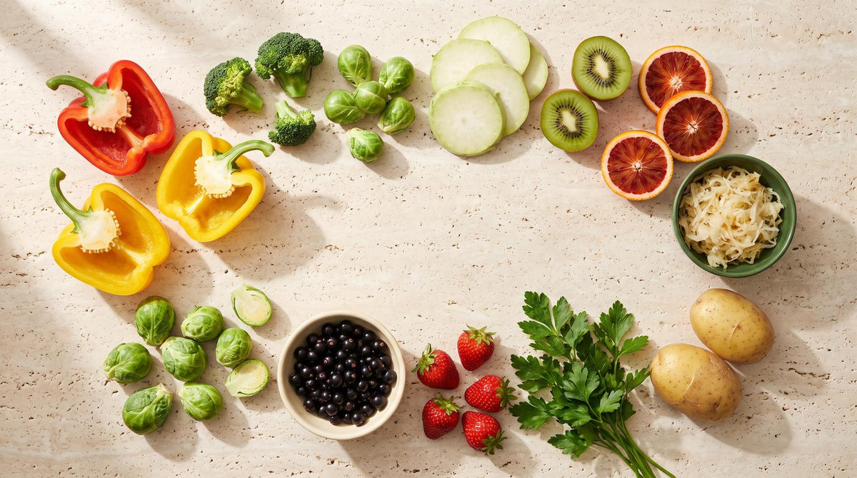 Vitamin-C-reiche Lebensmittel auf hellem Stein: Paprika, Brokkoli, Rosenkohl, Kohlrabi, Kiwi, Orange, schwarze Johannisbeeren, Erdbeeren, Petersilie, Kartoffeln und Sauerkraut