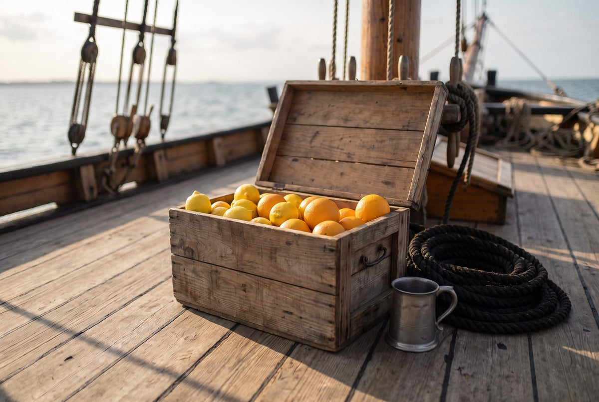 Holzkiste mit Zitronen und Orangen auf einem Schiffsdeck: Zitrusfrüchte beendeten den Skorbut auf den Schiffen der Royal Navy