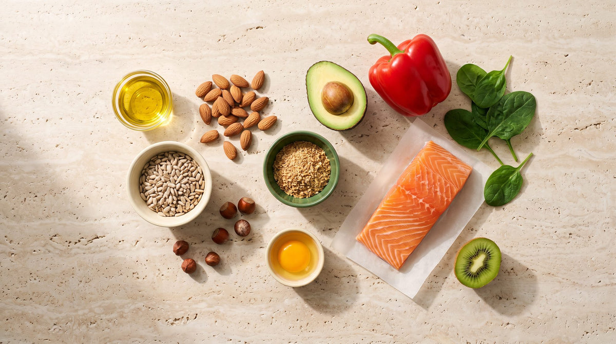 Vitamin-E-Quellen auf hellem Stein: Sonnenblumenöl, Sonnenblumenkerne, Mandeln, Haselnüsse, Weizenkeime, Avocado, Paprika, Spinat, Lachs, Eigelb und Kiwi