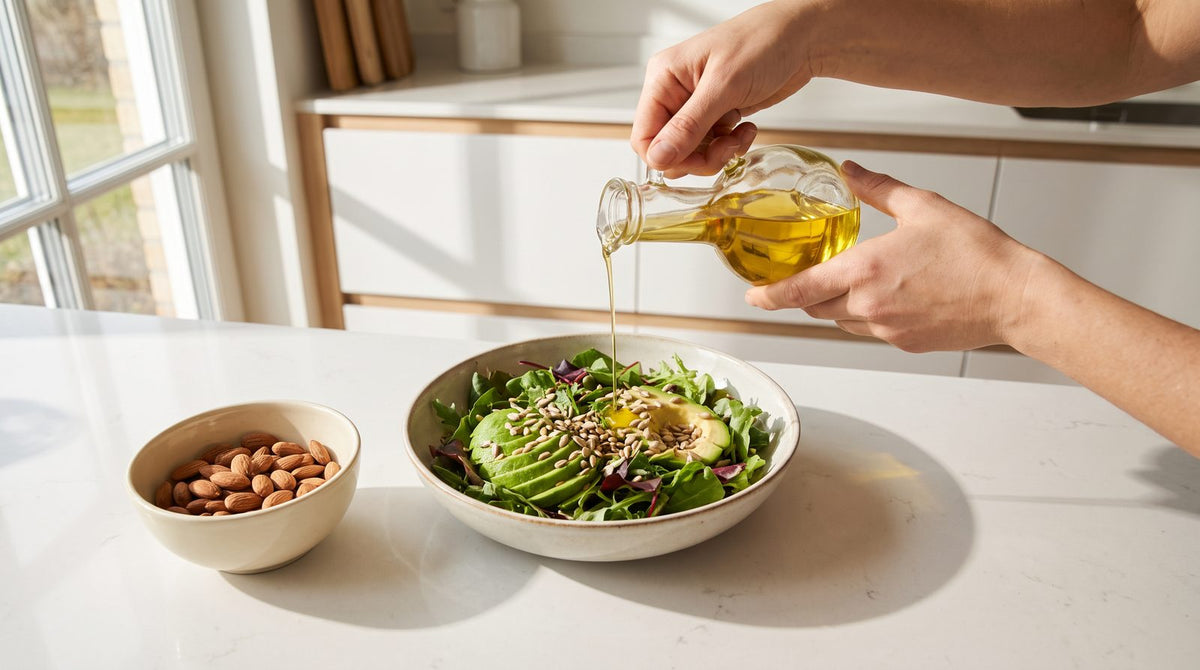 Sonnenblumenöl wird über einen Salat mit Sonnenblumenkernen und Avocado gegossen: Vitamin E braucht Fett in der Mahlzeit, um aufgenommen zu werden