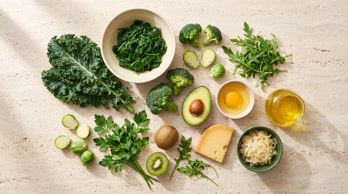 Vitamin-K-Quellen auf hellem Travertin: Grünkohl, Spinat, Brokkoli, Rosenkohl, Petersilie, Rucola, Kiwi, Avocado, Gouda, Eigelb, Sauerkraut und Rapsöl