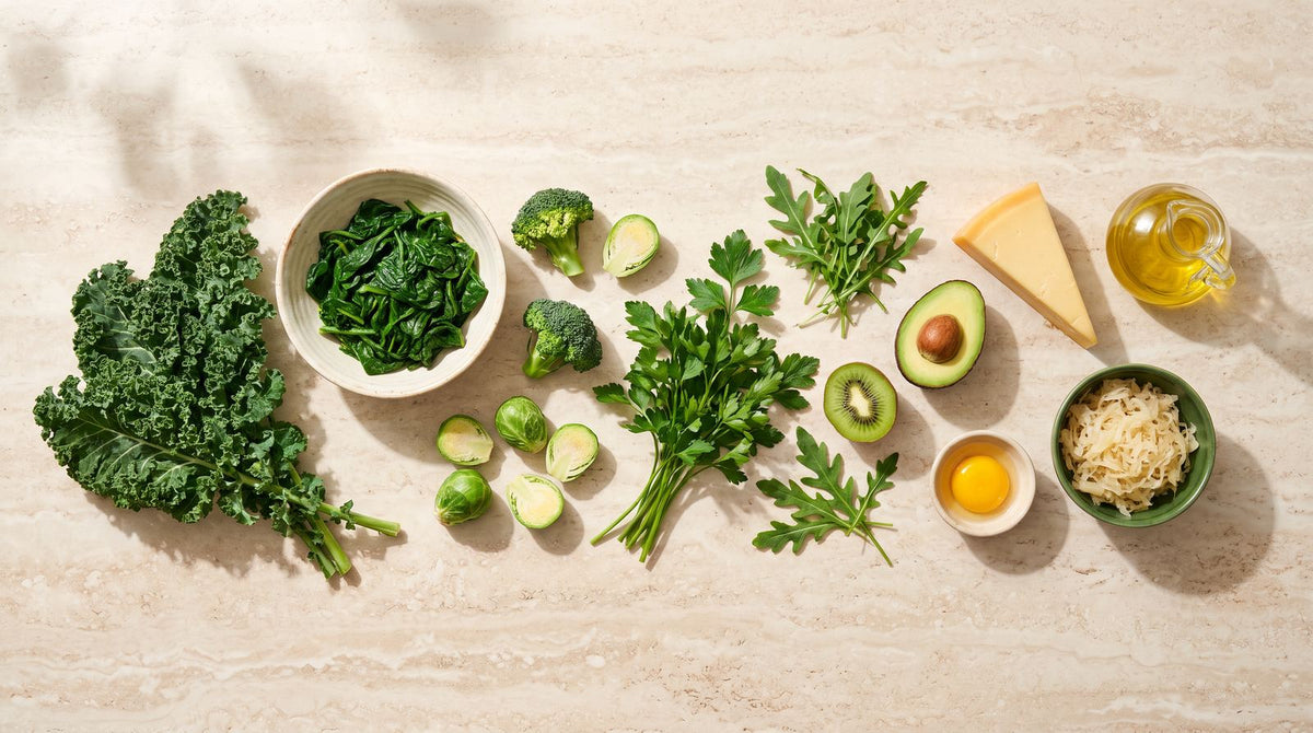Vitamin-K-reiche Lebensmittel auf hellem Stein: Grünkohl, Spinat, Brokkoli, Rosenkohl, Petersilie, Rucola, Kiwi, Avocado, Gouda, Eigelb, Sauerkraut und Rapsöl