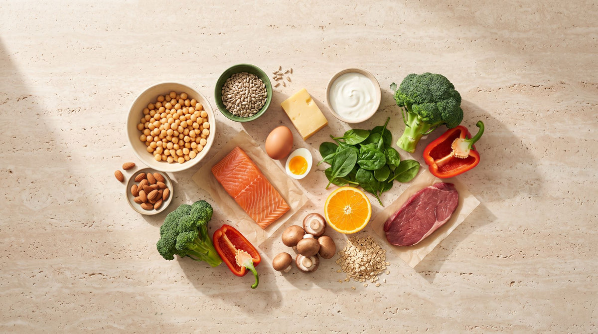 Vitaminquellen im Überblick: Paprika, Brokkoli, Orange, Spinat, Kichererbsen, Lachs, Eier, Mandeln, Sonnenblumenkerne, Käse und Joghurt auf Travertin