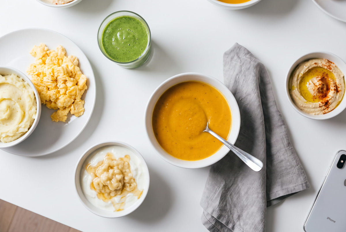 Weiche Kost nach der Weisheitszahn-OP: Kürbissuppe, Rührei, Kartoffelpüree, Smoothie, Joghurt und Hummus auf einem Tisch
