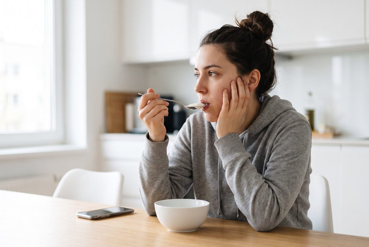 Frau nach der Wurzelbehandlung isst vorsichtig Joghurt vom Löffel auf der nicht behandelten Seite
