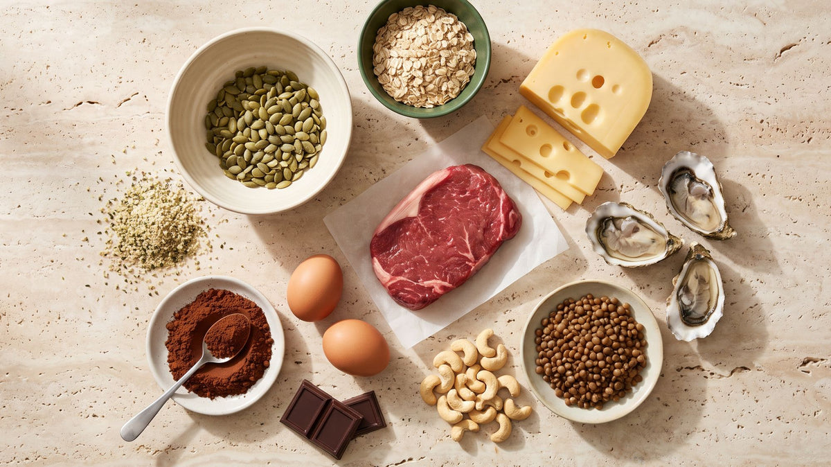 Zinkquellen im Überblick: Kürbiskerne, Haferflocken, Käse, Rindfleisch, Austern, Cashews, Linsen und Kakao