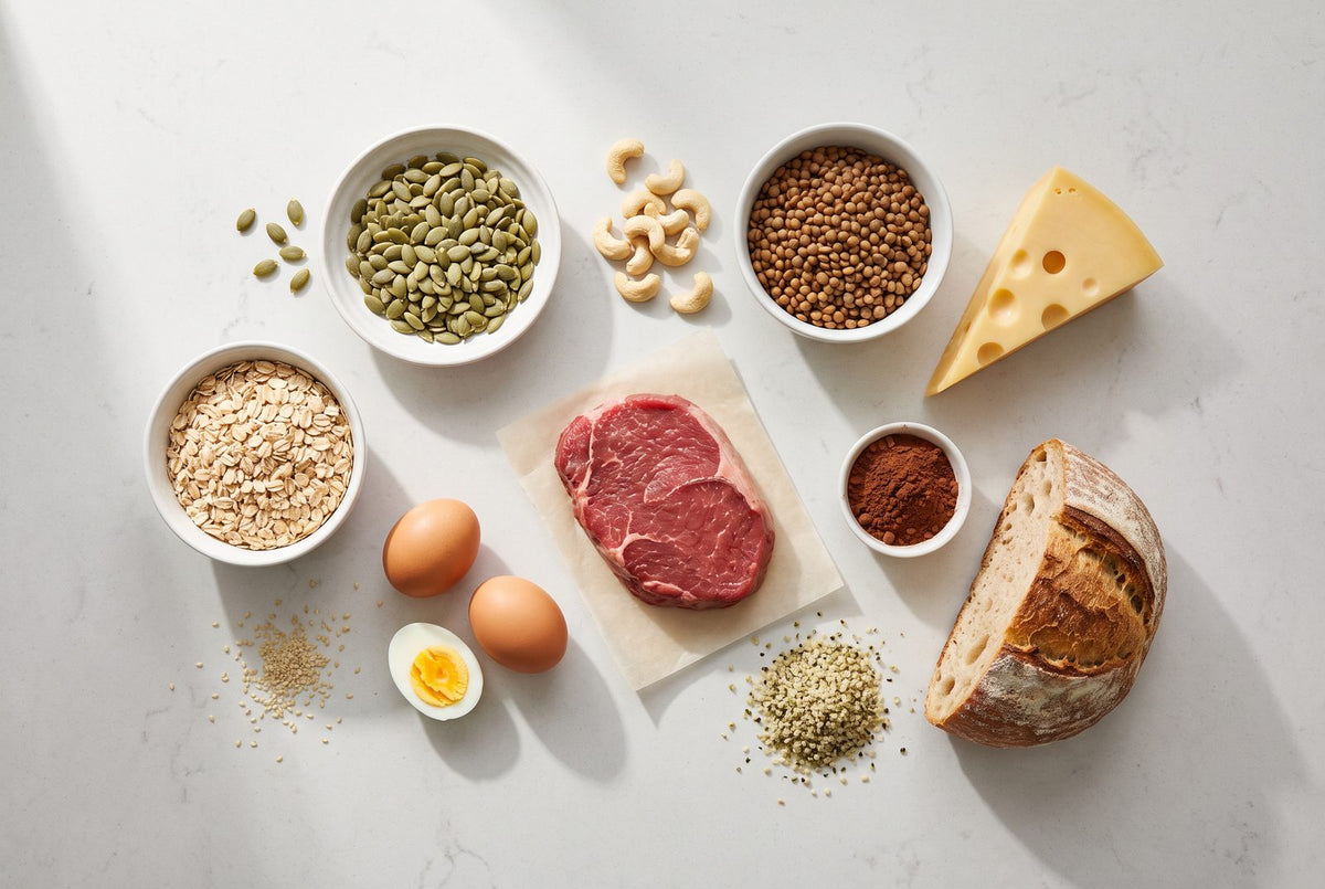 Zinkreiche Lebensmittel: Kürbiskerne, Cashews, Haferflocken, Linsen, Käse, Ei, Rindfleisch und Kakao