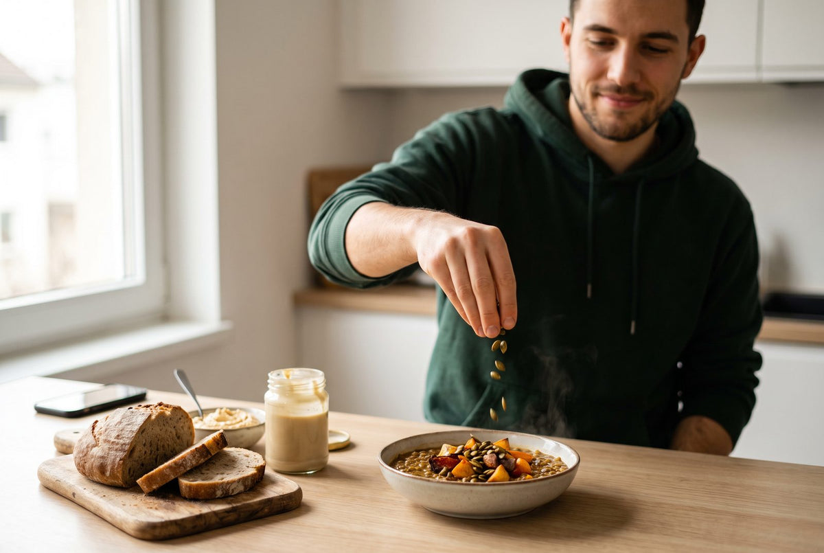 Mann streut Kürbiskerne über eine Linsenbowl in einer hellen Küche, daneben Sauerteigbrot und Hummus