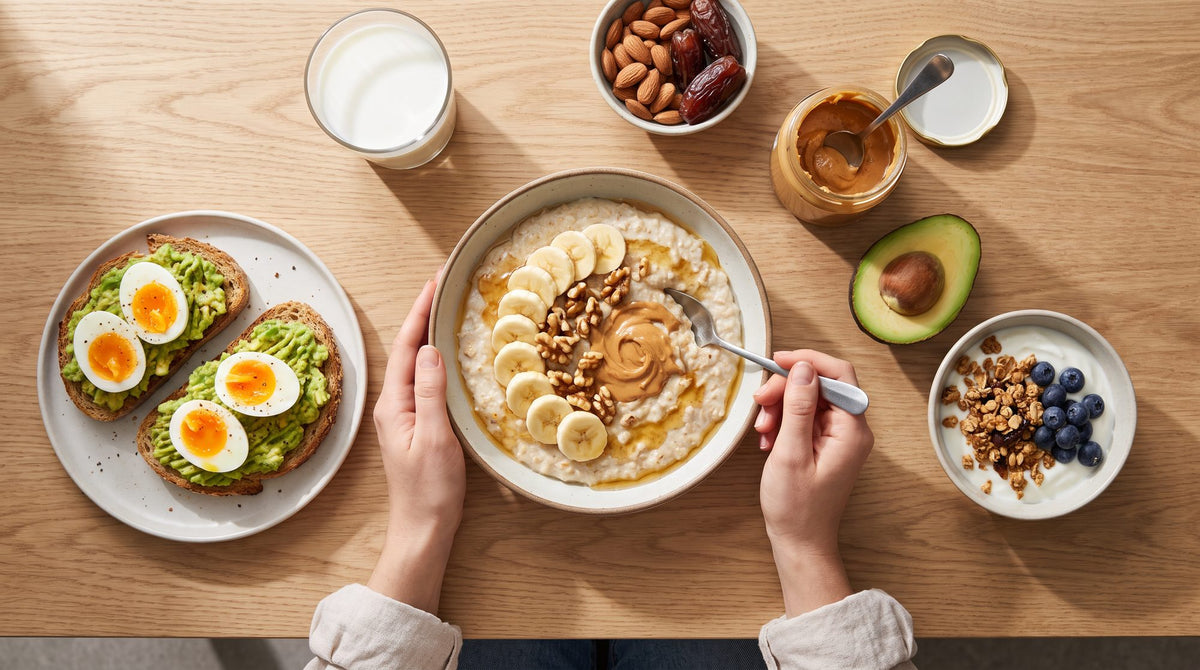 Frühstückstisch von oben: Porridge mit Banane, Nüssen und Erdnussmus, Avocadobrot mit Ei, ein Glas Milch, Nüsse und Datteln