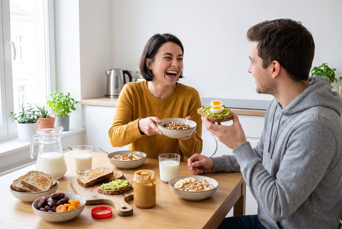 Zwei Freund:innen lachen beim gemeinsamen Frühstück mit Porridge, Avocadobrot, Milch und Nüssen