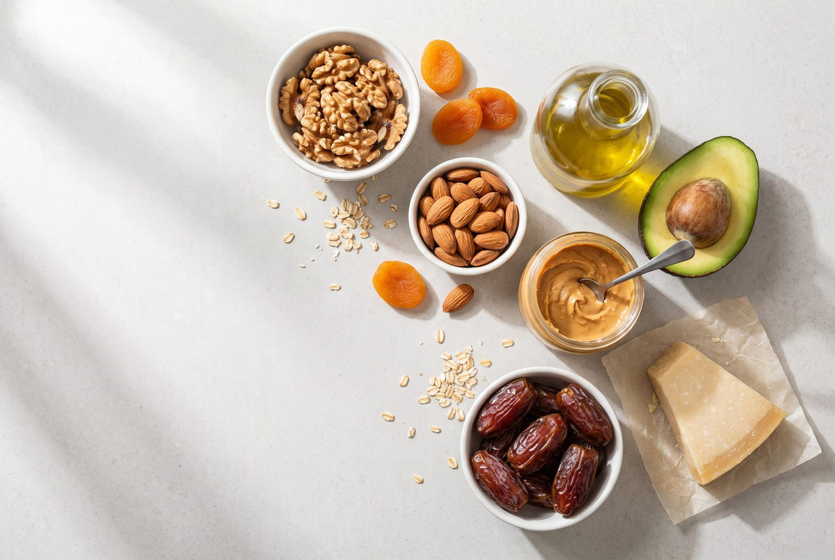 Kalorienreiche Lebensmittel zum Zunehmen: Nüsse, Datteln, Erdnussmus, Avocado, Olivenöl und Parmesan auf einem Tisch