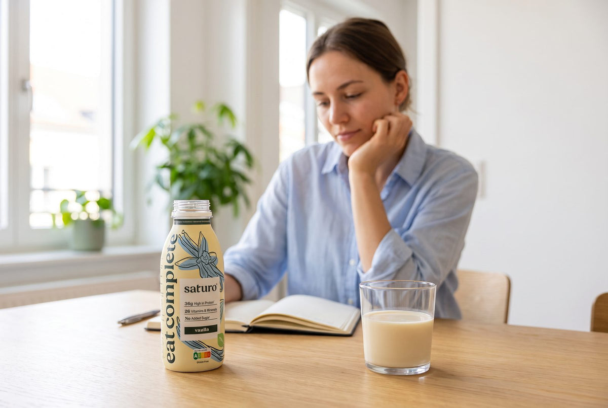 Saturo Trinkmahlzeit Vanilla steht neben einem Glas auf dem Küchentisch, im Hintergrund eine Frau mit Notizbuch