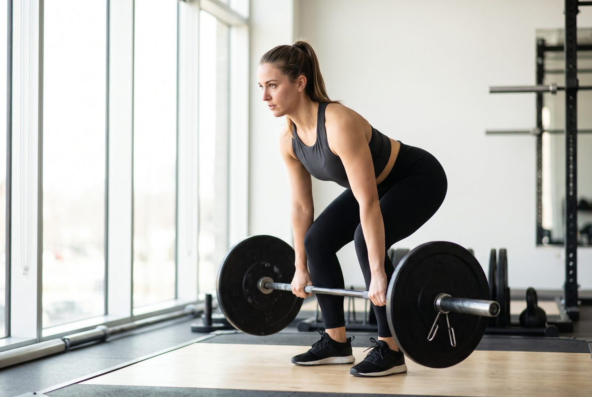 Frau macht Kreuzheben mit der Langhantel in einem hellen Fitnessstudio