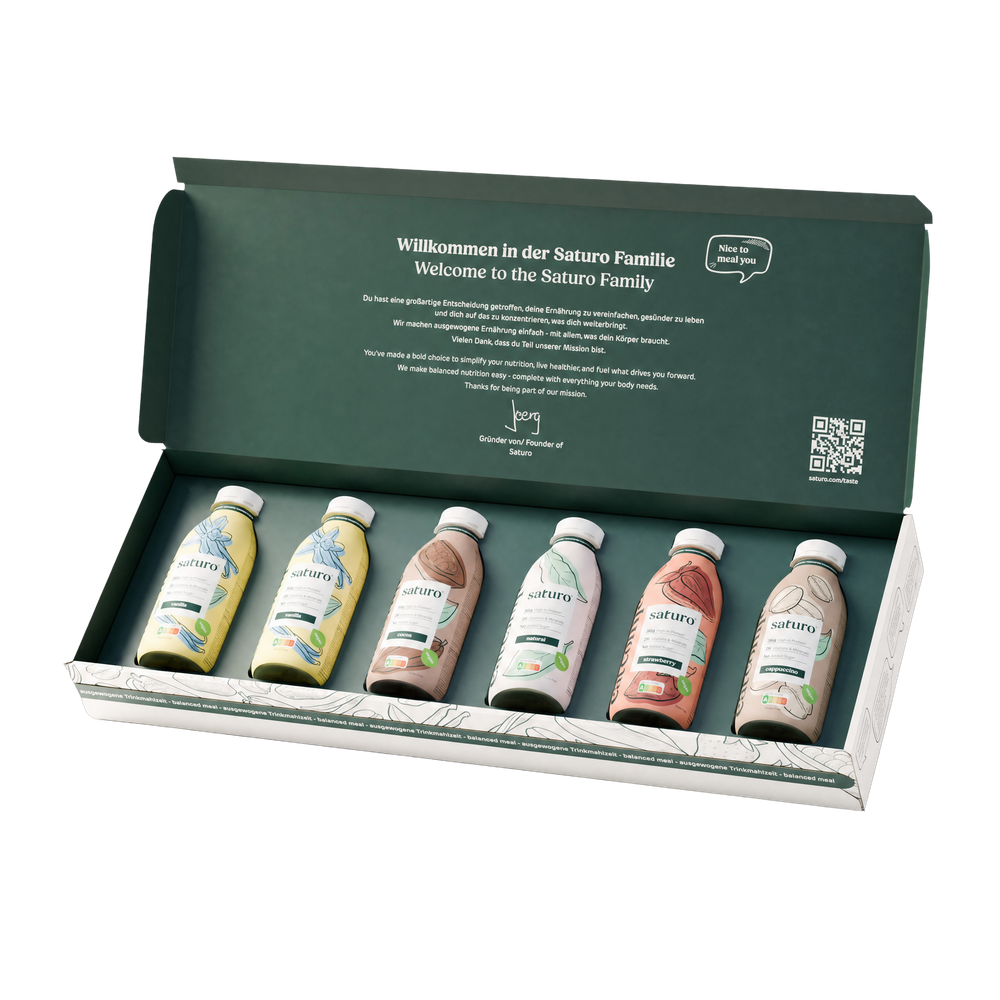 Saturo Probierpaket 6 x 400 ml Mix 6: 2x Vanilla, Cocoa, Natural, Strawberry, Cappuccino