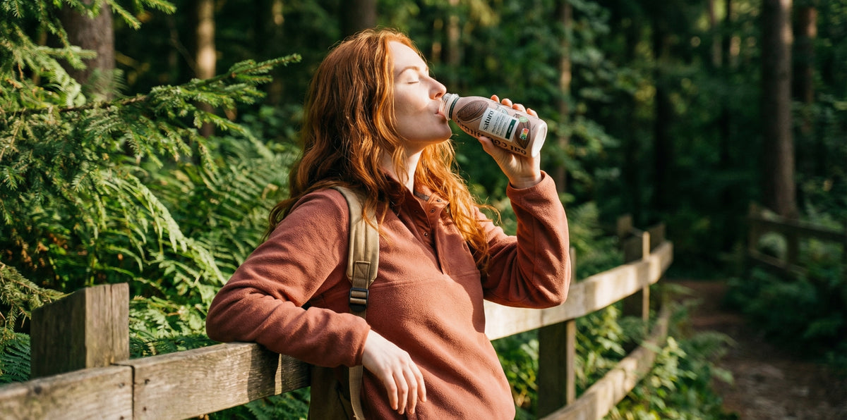 Frau trinkt unterwegs im Wald eine Saturo Trinkmahlzeit aus der Flasche